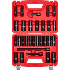 VEVOR Impact Socket Set 1/4″ Drive, 55-Piece Deep & Shallow Socket Set Standard SAE (5/32 to 9/16 inch) & Metric (4 to 15 mm) Size, 6 Point, CR-V, Extension Bar, Universal Joint, Reducer(1/2″ 29 PCS)