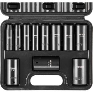 VEVOR Impact Socket Set 1/4″ Drive, 55-Piece Deep & Shallow Socket Set Standard SAE (5/32 to 9/16 inch) & Metric (4 to 15 mm) Size, 6 Point, CR-V, Extension Bar, Universal Joint, Reducer(3/8″ 11PCS)