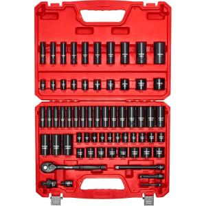 VEVOR Impact Socket Set 3/8″ Drive, 64-Piece Standard SAE (5/16 to 1 inch) & Metric (6 to 24 mm) Size, Deep & Shallow, 6 Point, CR-V, Ratchet Handle, Extension Bars, Universal Joint, Adapters(3/8″ 64 PCS)