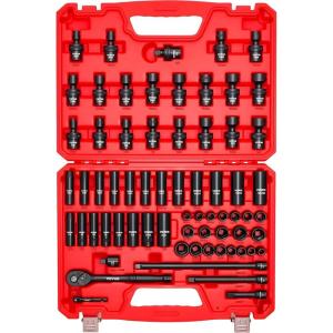 VEVOR Impact Socket Set 3/8″ Drive, 64-Piece Standard SAE (5/16 to 1 inch) & Metric (6 to 24 mm) Size, Deep & Shallow, 6 Point, CR-V, Ratchet Handle, Extension Bars, Universal Joint, Adapters(3/8″ 67 PCS Swivel CR-MO)