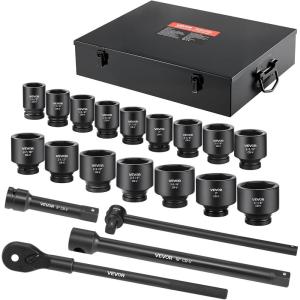 VEVOR Impact Socket Set 3/8″ Drive, 64-Piece Standard SAE (5/16 to 1 inch) & Metric (6 to 24 mm) Size, Deep & Shallow, 6 Point, CR-V, Ratchet Handle, Extension Bars, Universal Joint, Adapters(1″ 21 PCS)