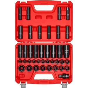 VEVOR Impact Socket Set 3/8″ Drive, 64-Piece Standard SAE (5/16 to 1 inch) & Metric (6 to 24 mm) Size, Deep & Shallow, 6 Point, CR-V, Ratchet Handle, Extension Bars, Universal Joint, Adapters(1/2″ 39 PCS)