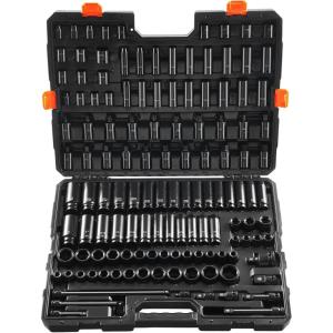 VEVOR Impact Socket Set 3/8″ Drive, 64-Piece Standard SAE (5/16 to 1 inch) & Metric (6 to 24 mm) Size, Deep & Shallow, 6 Point, CR-V, Ratchet Handle, Extension Bars, Universal Joint, Adapters(1/2″ & 3/8″ 130PCS CR-MO)