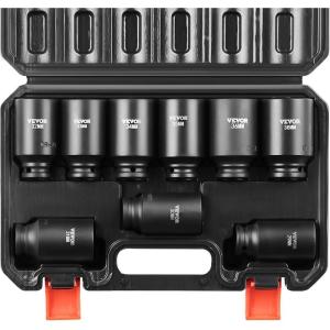 VEVOR Impact Socket Set 3/8″ Drive, 64-Piece Standard SAE (5/16 to 1 inch) & Metric (6 to 24 mm) Size, Deep & Shallow, 6 Point, CR-V, Ratchet Handle, Extension Bars, Universal Joint, Adapters(1/2″ 9PCS CR-MO)