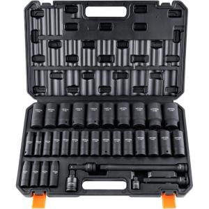 VEVOR Impact Socket Set 3/8″ Drive, 64-Piece Standard SAE (5/16 to 1 inch) & Metric (6 to 24 mm) Size, Deep & Shallow, 6 Point, CR-V, Ratchet Handle, Extension Bars, Universal Joint, Adapters(1/2″ 34PCS CR-MO)