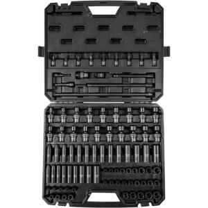 VEVOR Impact Socket Set 3/8″ Drive, 64-Piece Standard SAE (5/16 to 1 inch) & Metric (6 to 24 mm) Size, Deep & Shallow, 6 Point, CR-V, Ratchet Handle, Extension Bars, Universal Joint, Adapters(3/8″ 90PCS Swivel CR-MO)