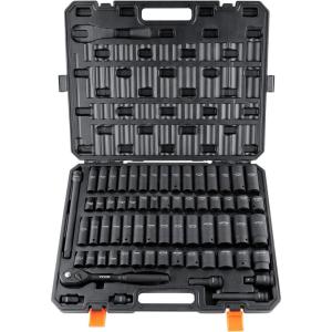 VEVOR Impact Socket Set 3/8″ Drive, 64-Piece Standard SAE (5/16 to 1 inch) & Metric (6 to 24 mm) Size, Deep & Shallow, 6 Point, CR-V, Ratchet Handle, Extension Bars, Universal Joint, Adapters(1/2″ 65PCS)