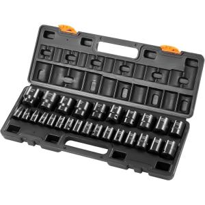 VEVOR Impact Socket Set 3/8″ Drive, 64-Piece Standard SAE (5/16 to 1 inch) & Metric (6 to 24 mm) Size, Deep & Shallow, 6 Point, CR-V, Ratchet Handle, Extension Bars, Universal Joint, Adapters(1/2″ 26PCS)