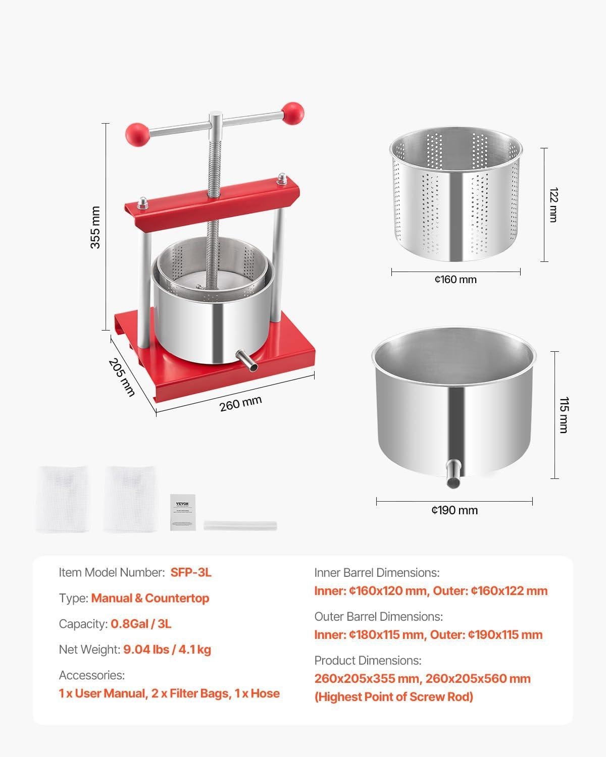 image:imageVEVOR 16 Gal6L Fruit Wine Press 2 Stainless Steel Barrels Manual Juice Maker Cider Apple Grape Tincture Honey Olive Oil Making Press with THandle for Outdoor Kitchen Home08 Gallon