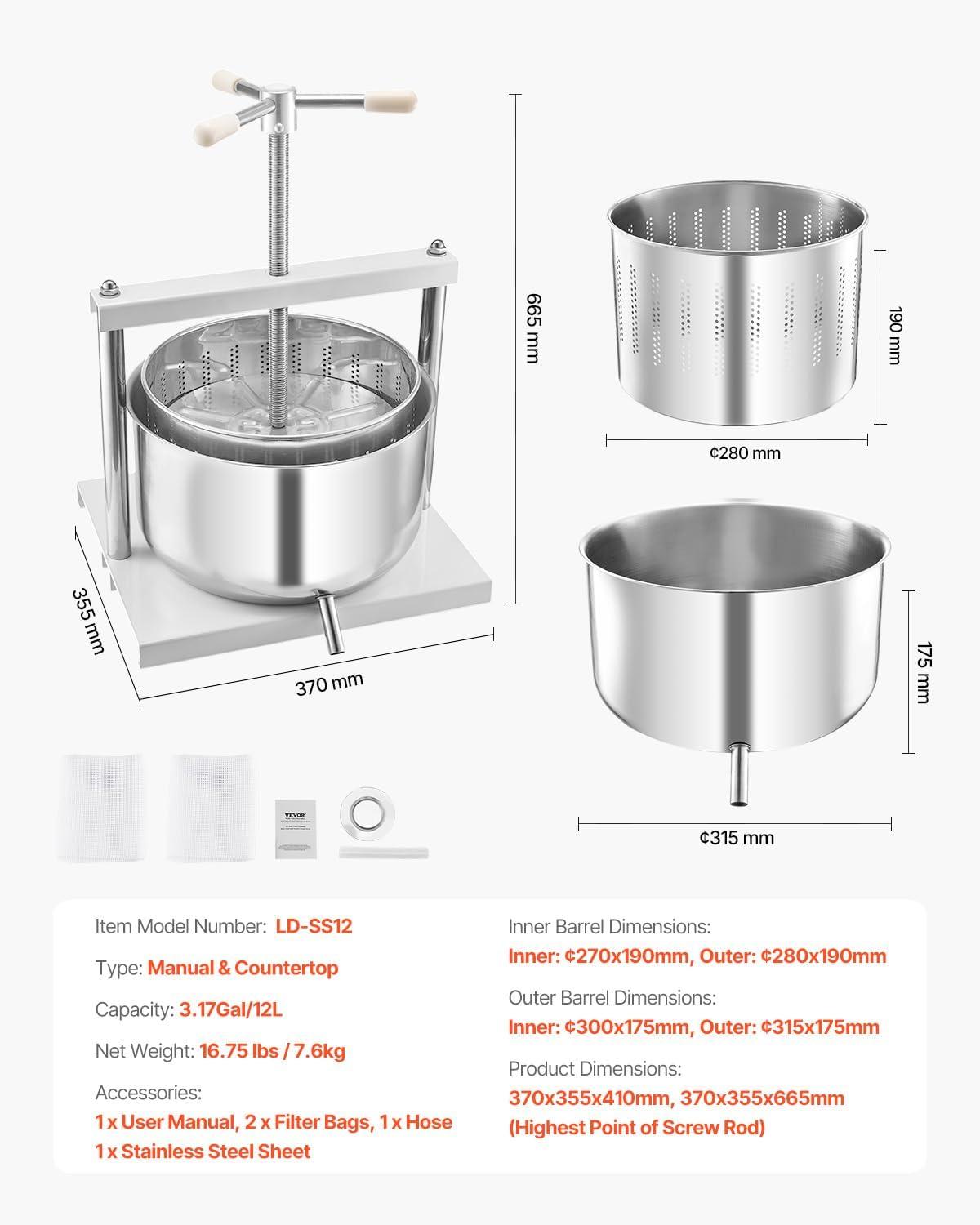 image:imageVEVOR 16 Gal6L Fruit Wine Press 2 Stainless Steel Barrels Manual Juice Maker Cider Apple Grape Tincture Honey Olive Oil Making Press with THandle for Outdoor Kitchen Home317 Gallon
