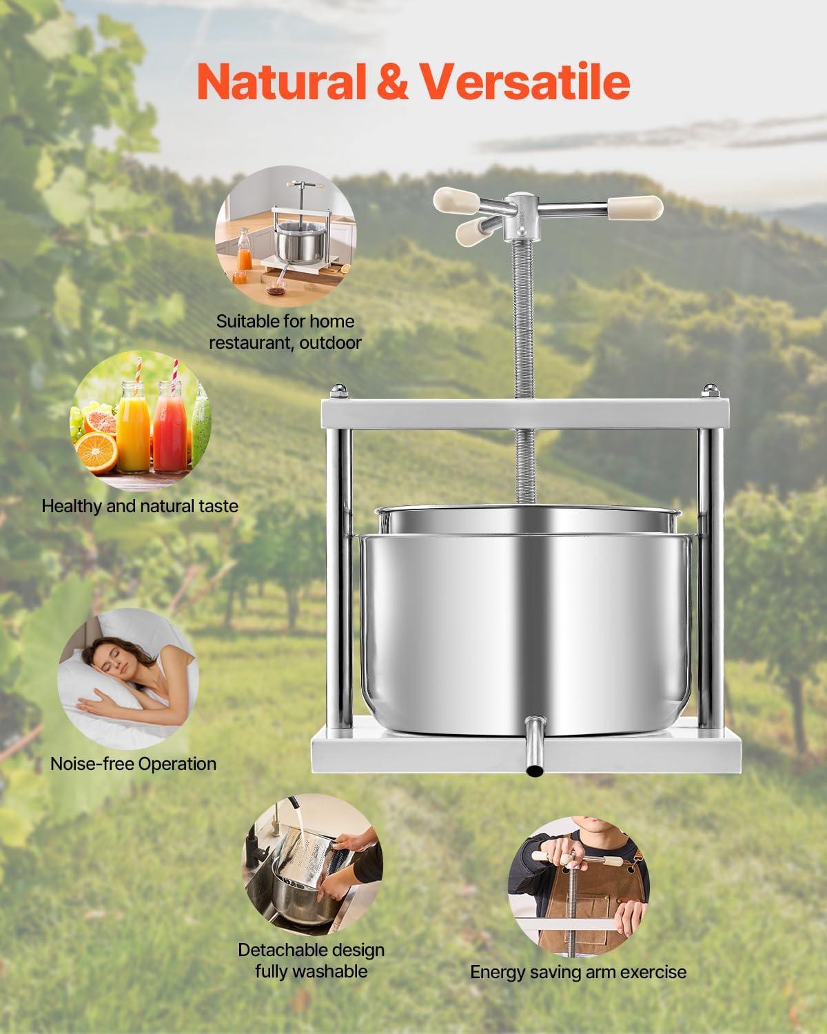 image:imageVEVOR 16 Gal6L Fruit Wine Press 2 Stainless Steel Barrels Manual Juice Maker Cider Apple Grape Tincture Honey Olive Oil Making Press with THandle for Outdoor Kitchen Home317 Gallon