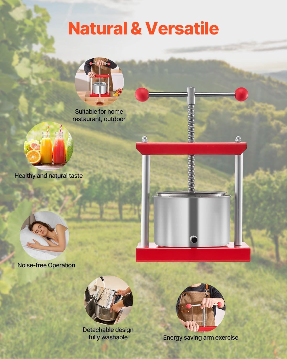 image:imageVEVOR 16 Gal6L Fruit Wine Press 2 Stainless Steel Barrels Manual Juice Maker Cider Apple Grape Tincture Honey Olive Oil Making Press with THandle for Outdoor Kitchen Home08 Gallon