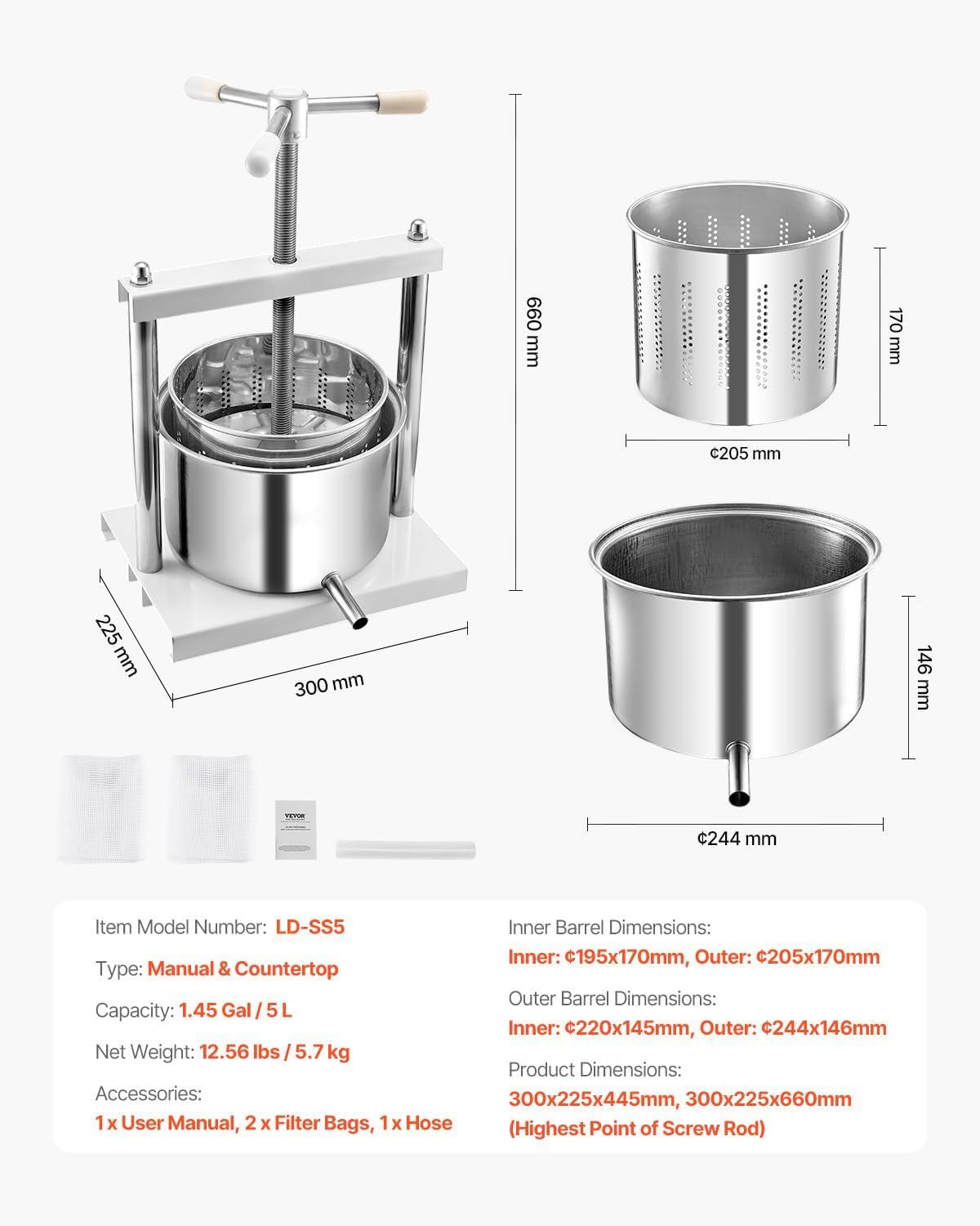 image:imageVEVOR 16 Gal6L Fruit Wine Press 2 Stainless Steel Barrels Manual Juice Maker Cider Apple Grape Tincture Honey Olive Oil Making Press with THandle for Outdoor Kitchen Home145 Gallon