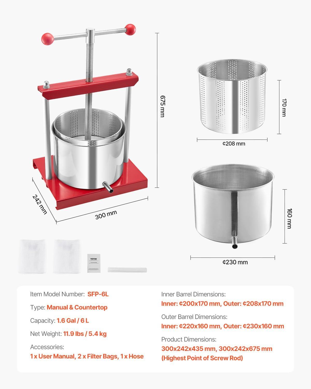 image:imageVEVOR 16 Gal6L Fruit Wine Press 2 Stainless Steel Barrels Manual Juice Maker Cider Apple Grape Tincture Honey Olive Oil Making Press with THandle for Outdoor Kitchen Home16 Gallon