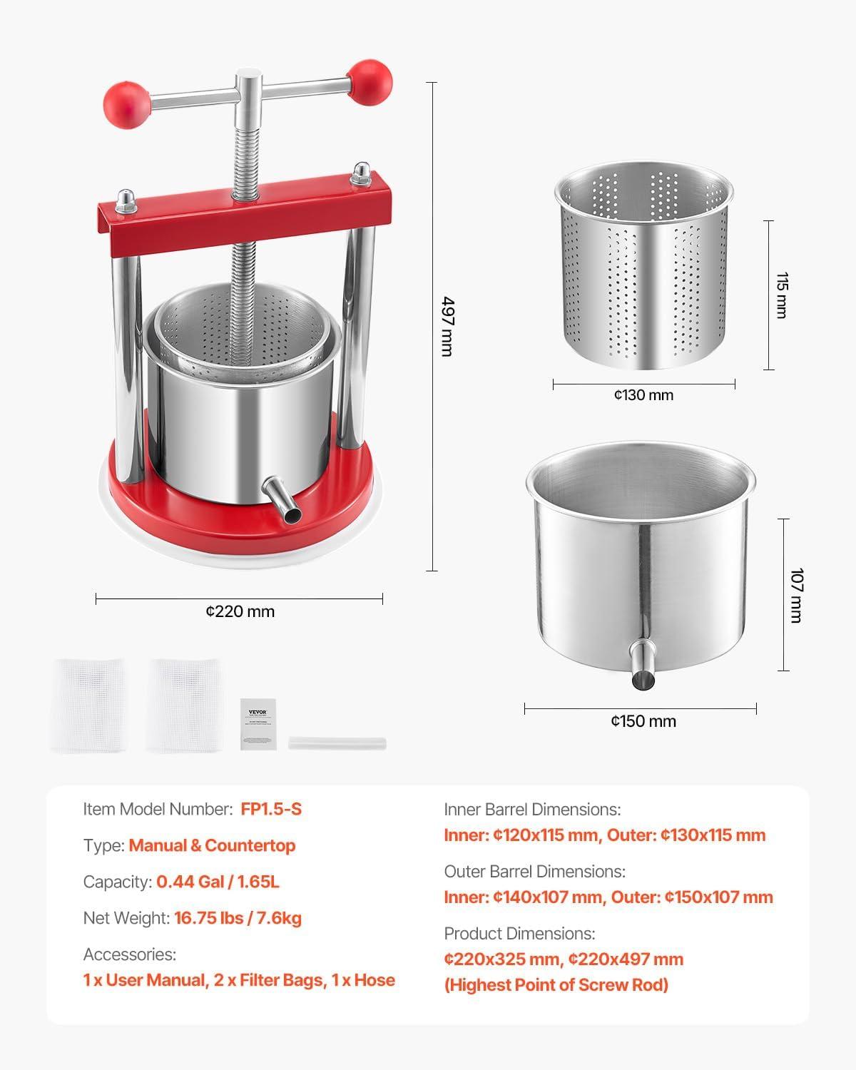image:imageVEVOR 16 Gal6L Fruit Wine Press 2 Stainless Steel Barrels Manual Juice Maker Cider Apple Grape Tincture Honey Olive Oil Making Press with THandle for Outdoor Kitchen Home044 Gallon