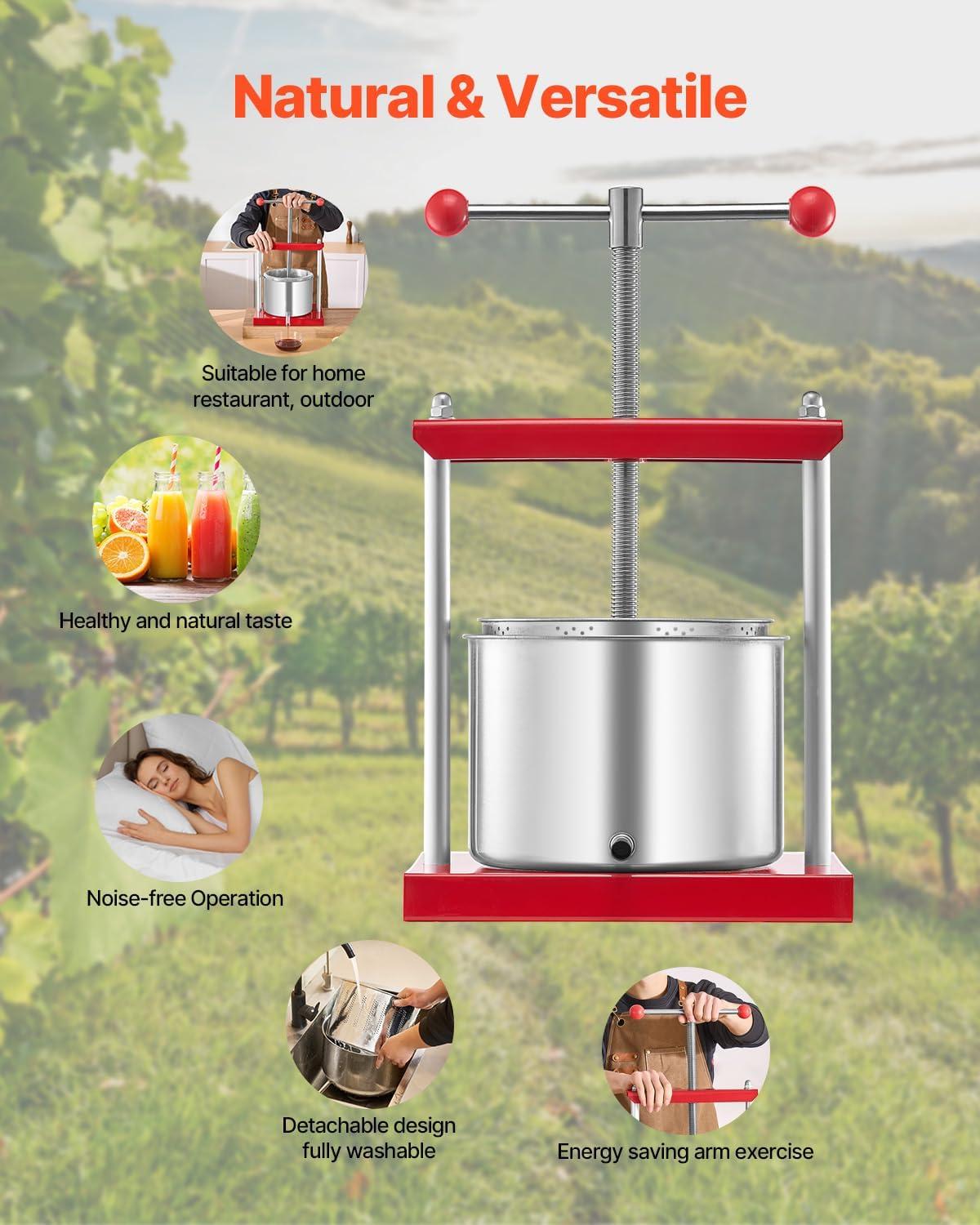 image:imageVEVOR 16 Gal6L Fruit Wine Press 2 Stainless Steel Barrels Manual Juice Maker Cider Apple Grape Tincture Honey Olive Oil Making Press with THandle for Outdoor Kitchen Home16 Gallon