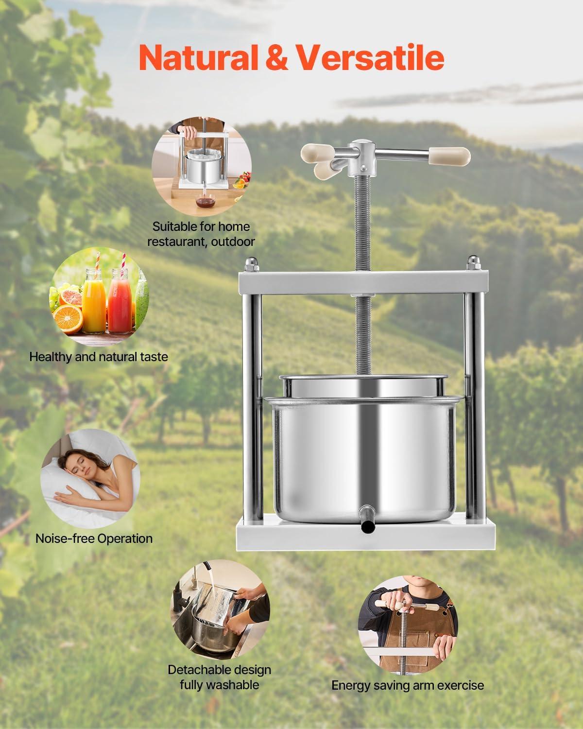 image:imageVEVOR 16 Gal6L Fruit Wine Press 2 Stainless Steel Barrels Manual Juice Maker Cider Apple Grape Tincture Honey Olive Oil Making Press with THandle for Outdoor Kitchen Home145 Gallon