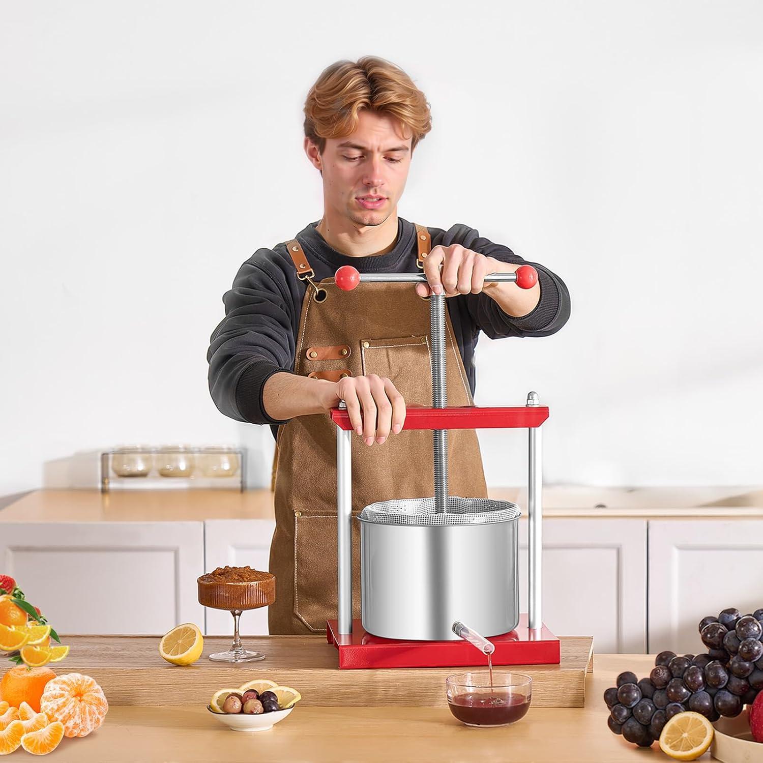 image:imageVEVOR 16 Gal6L Fruit Wine Press 2 Stainless Steel Barrels Manual Juice Maker Cider Apple Grape Tincture Honey Olive Oil Making Press with THandle for Outdoor Kitchen Home16 Gallon