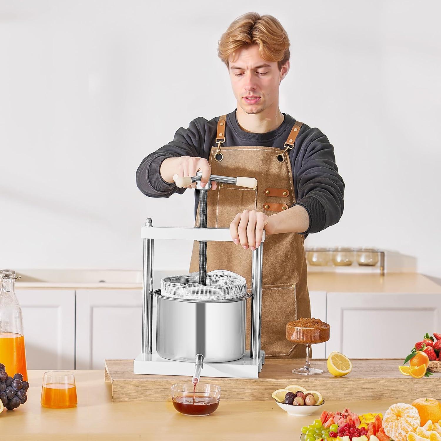 image:imageVEVOR 16 Gal6L Fruit Wine Press 2 Stainless Steel Barrels Manual Juice Maker Cider Apple Grape Tincture Honey Olive Oil Making Press with THandle for Outdoor Kitchen Home145 Gallon
