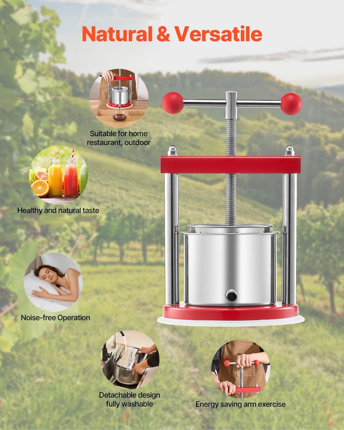 image:imageVEVOR 16 Gal6L Fruit Wine Press 2 Stainless Steel Barrels Manual Juice Maker Cider Apple Grape Tincture Honey Olive Oil Making Press with THandle for Outdoor Kitchen Home044 Gallon
