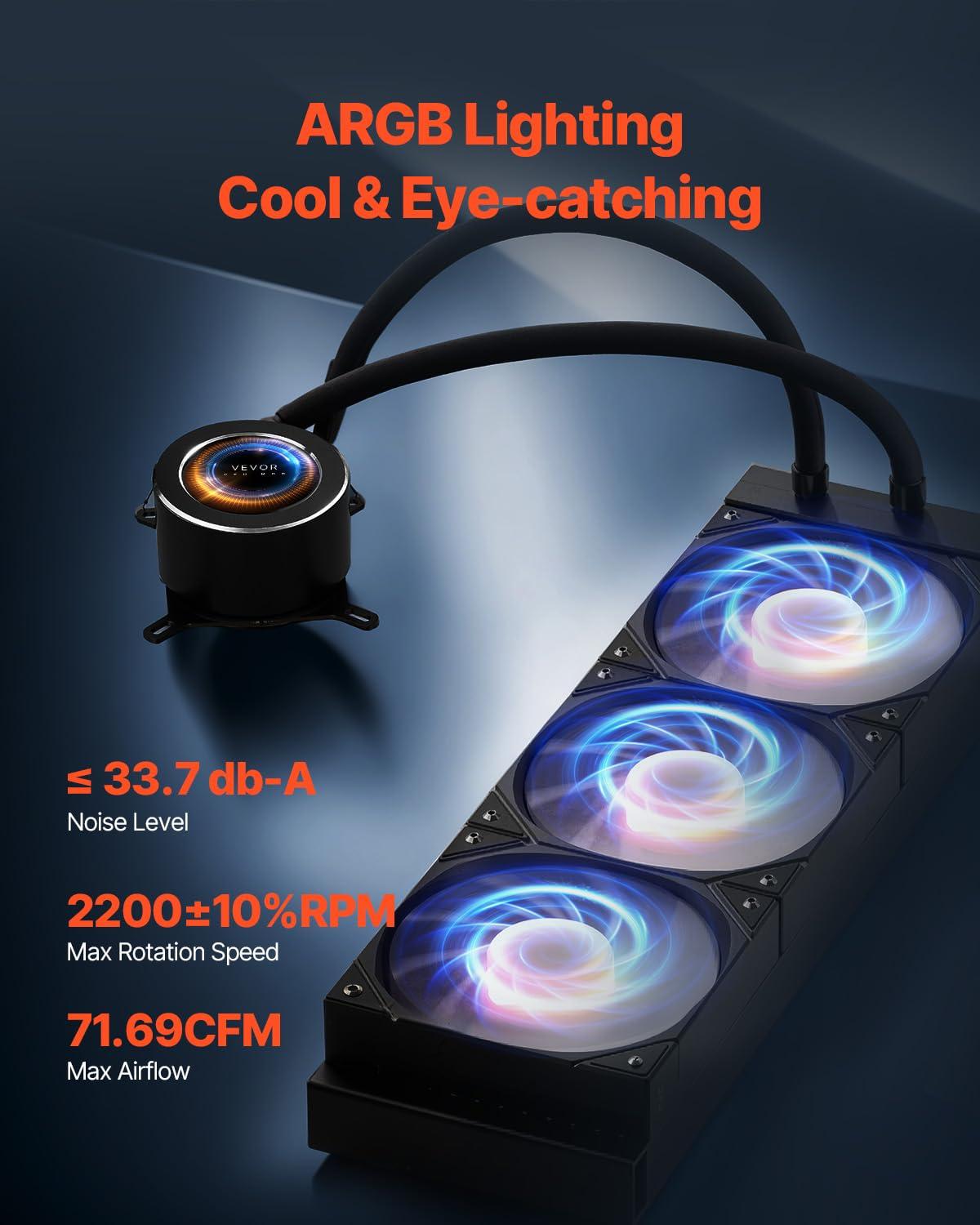 image:imageVEVOR CPU Liquid Cooler AIO CPU Water Cooler 360mm PWM Fans amp Pump Freestyle Images GIFS MP4 or Speed in 21 LCD Display Fits Intel 115X1366201117001200 AMD AM4AM5360 mm PWM Fans ARGB Light