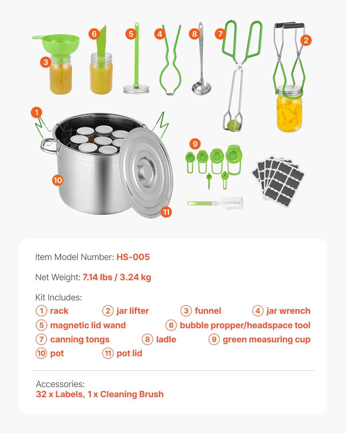 image:imageVEVOR Canning Supplies Starter Kit 9 Pieces Stainless Steel Water Bath Canning Kit for Beginners Canning Tools Set Rack Ladle Measuring Spoon Funnel Tongs Jar Lifter Jar Wrench11PCS