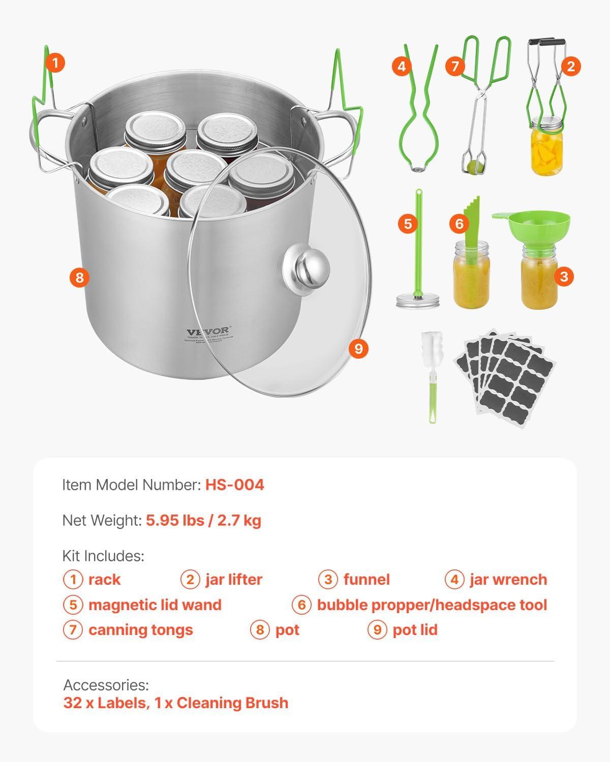 image:imageVEVOR Canning Supplies Starter Kit 9 Pieces Stainless Steel Water Bath Canning Kit for Beginners Canning Tools Set Rack Ladle Measuring Spoon Funnel Tongs Jar Lifter Jar Wrench21QT8PCS