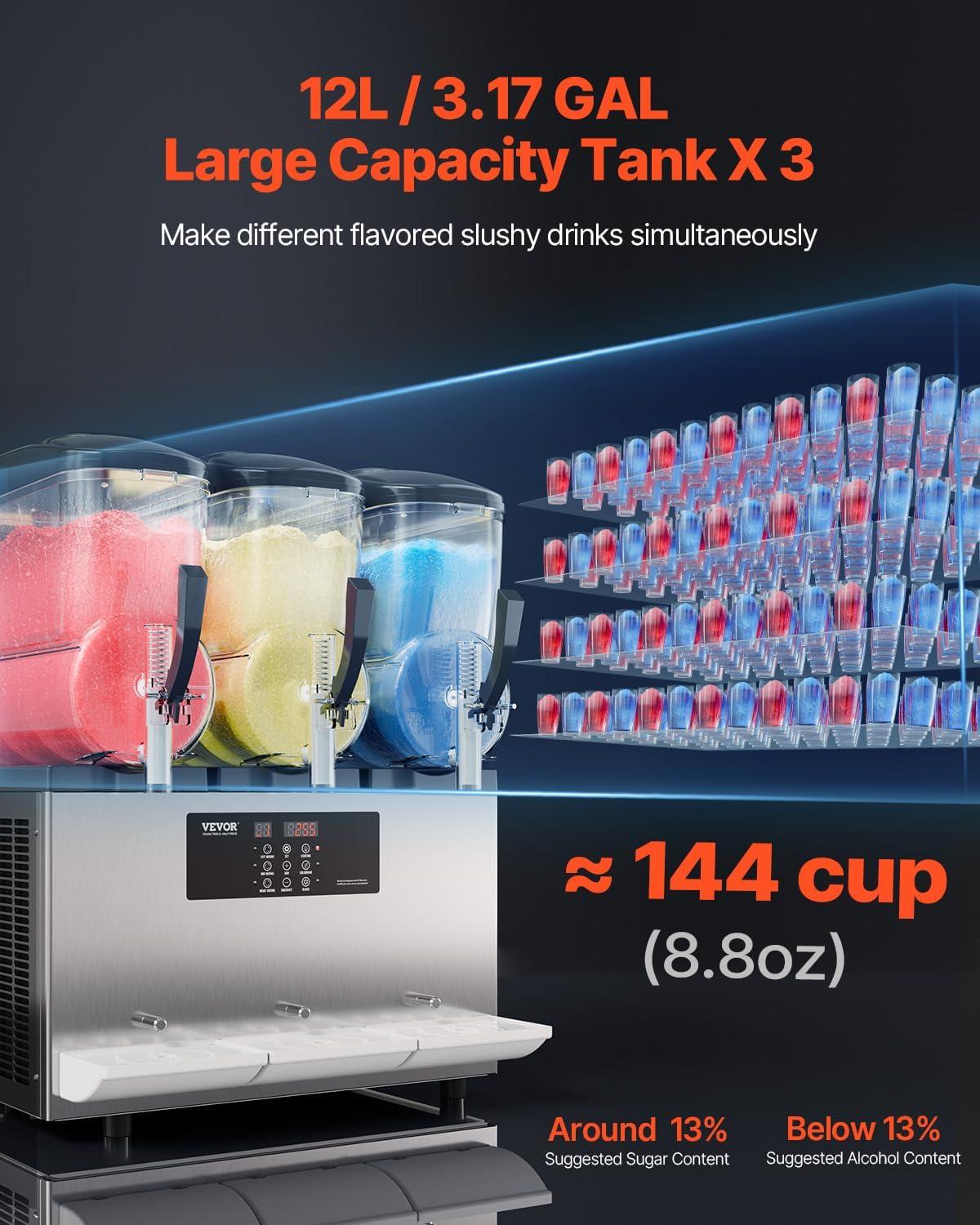 image:imageVEVOR Commercial Slushy Machine 12Lx3 Triple Tank Frozen Drink Machine 144 Cups Stainless Steel Margarita Smoothie Frozen Drink Maker Slushie Maker for Home Party Restaurants Cafe Bars36L