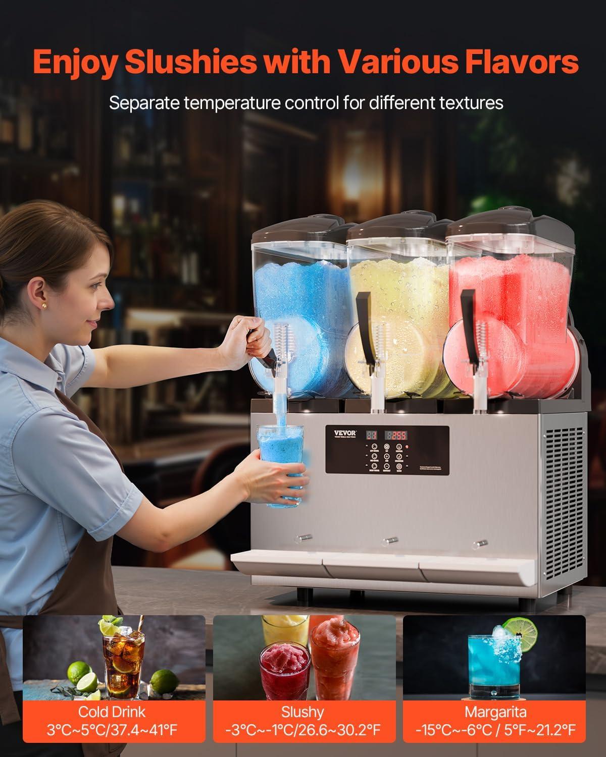 image:imageVEVOR Commercial Slushy Machine 12Lx3 Triple Tank Frozen Drink Machine 144 Cups Stainless Steel Margarita Smoothie Frozen Drink Maker Slushie Maker for Home Party Restaurants Cafe Bars36L