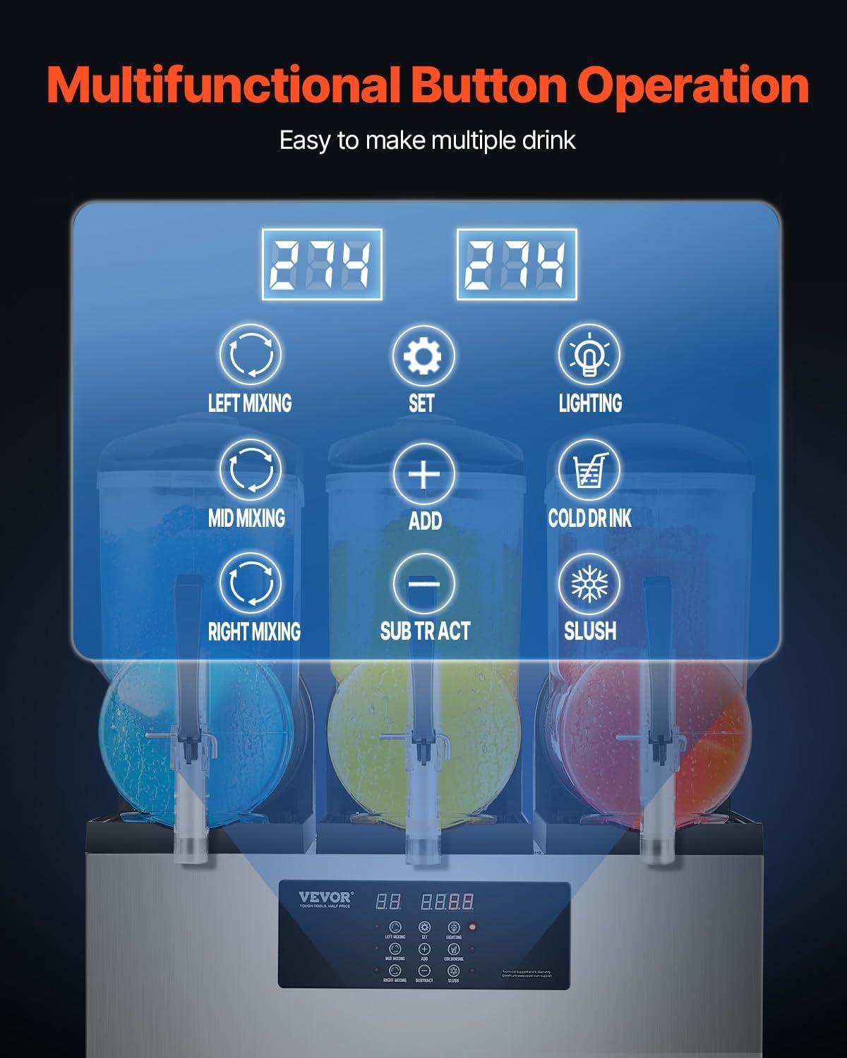 image:imageVEVOR Commercial Slushy Machine 12Lx3 Triple Tank Frozen Drink Machine 144 Cups Stainless Steel Margarita Smoothie Frozen Drink Maker Slushie Maker for Home Party Restaurants Cafe Bars36L