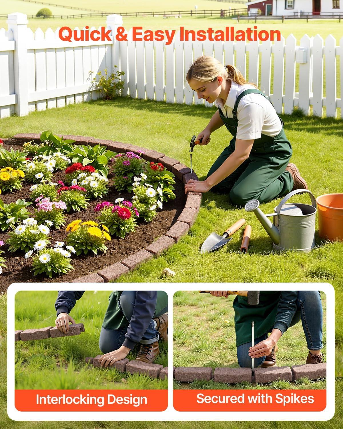 image:imageVEVOR Faux Stone Landscape Edging No Dig Garden Edging Border Flexible Blocks for Lawn Edging Flower Beds Driveway Yards with 12 Spikes 4 Pack 24 Bricks 16FT Kit 465 Lx 37 W x 22 H GreyBrown