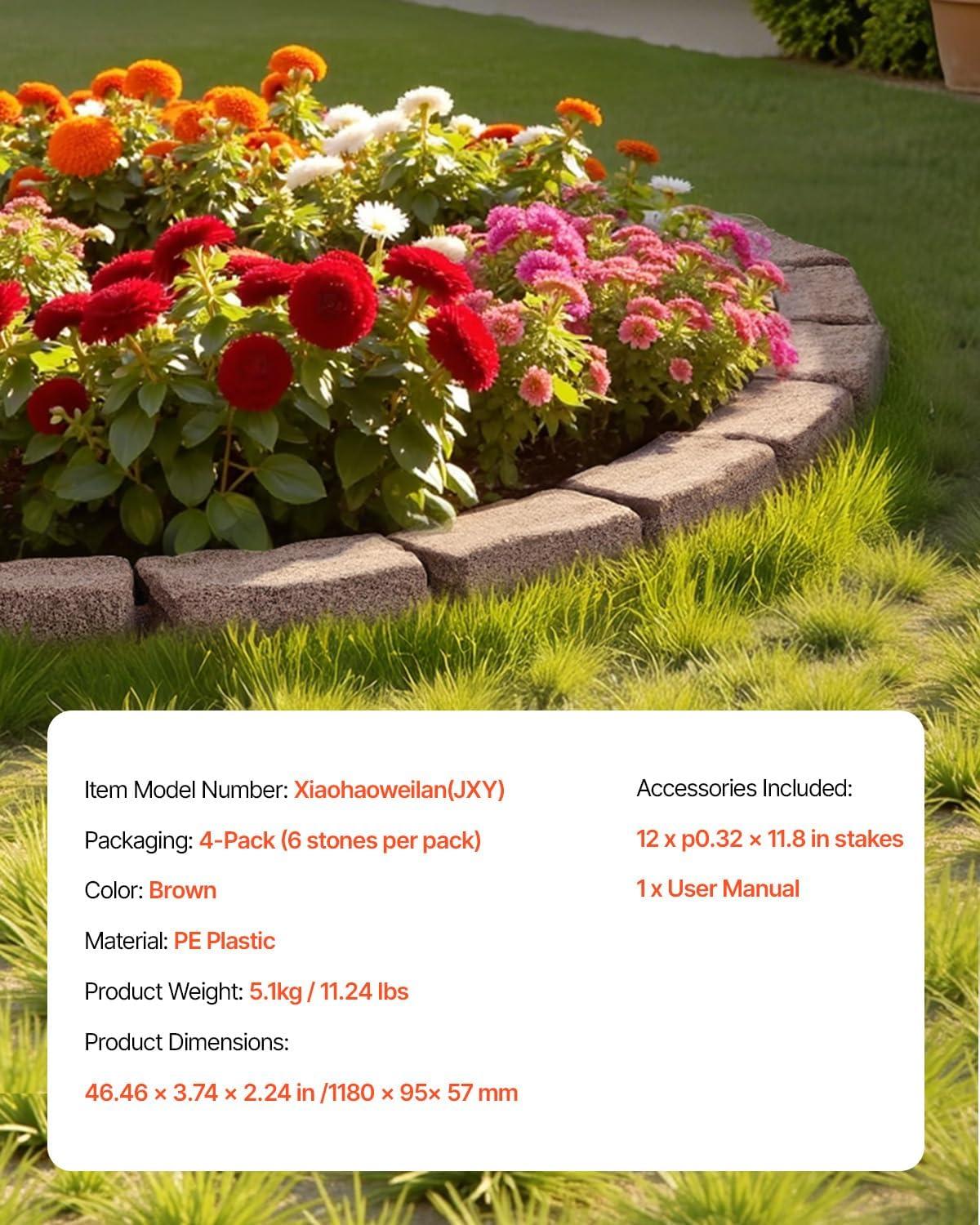 image:imageVEVOR Faux Stone Landscape Edging No Dig Garden Edging Border Flexible Blocks for Lawn Edging Flower Beds Driveway Yards with 12 Spikes 4 Pack 24 Bricks 16FT Kit 465 Lx 37 W x 22 H GreyBrown