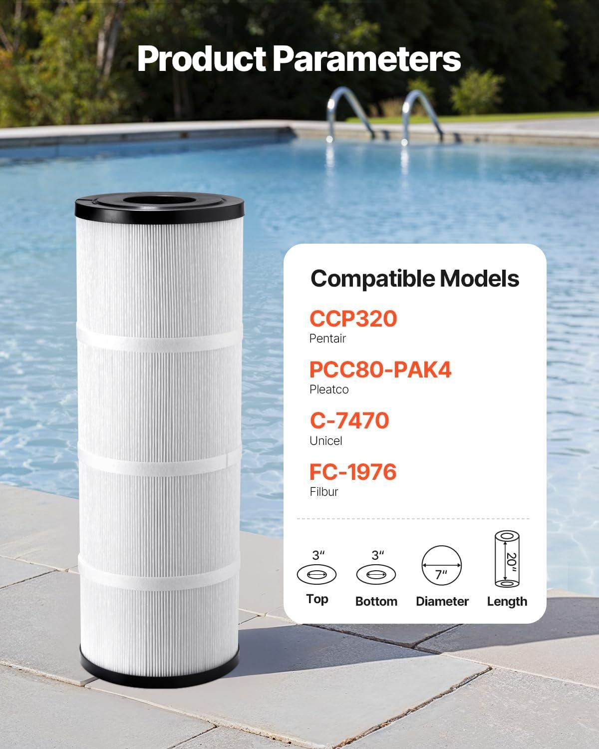 image:imageVEVOR PLFPCC80 Pool Filter Replaces Pentair CCP320 Pleatco PCC80PAK4 UltralA5 Unicel C7470 R173573 Filbur FC1976 178580 8170081 Clean and Clear Plus 320 L x OD20x 7 4 x 80 sqftBlack 4x80 SQFT