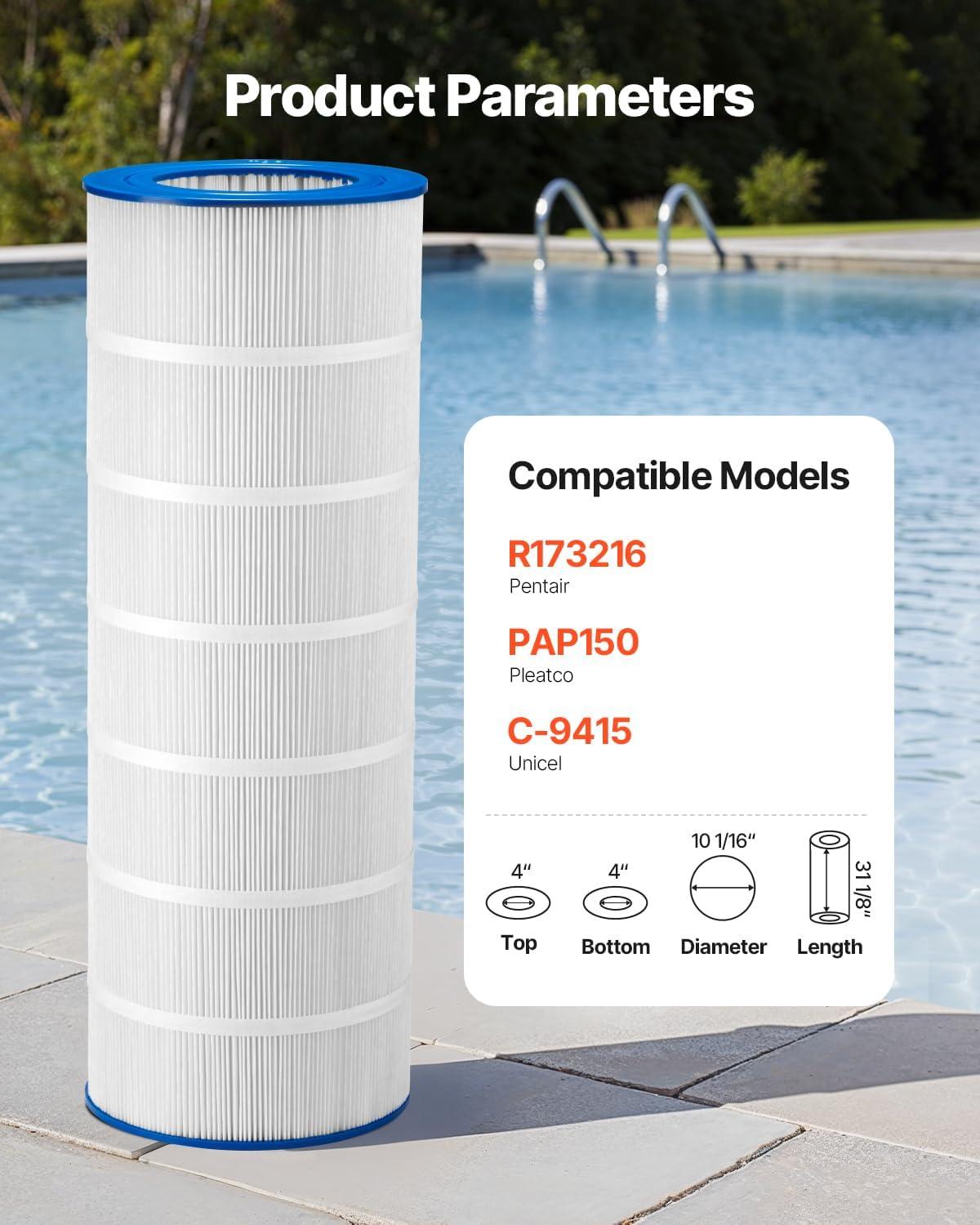 image:imageVEVOR PLFPCC80 Pool Filter Replaces Pentair CCP320 Pleatco PCC80PAK4 UltralA5 Unicel C7470 R173573 Filbur FC1976 178580 8170081 Clean and Clear Plus 320 L x OD20x 7 4 x 80 sqftBlue 150 SQFT