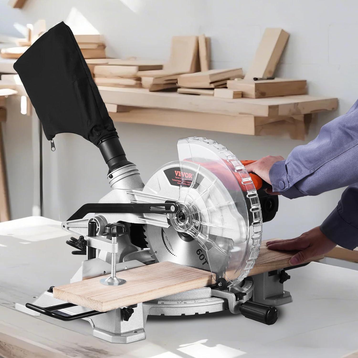 image:imageVEVOR Sliding Compound Miter Saw 12Inch Blade 15 Amp Motor 60Tooth Corded Double Bevel Sliding Miter Saw LED Precision Alignment Angle Adjustable for Wood Composite Decking LaminatesSingle Bevel10