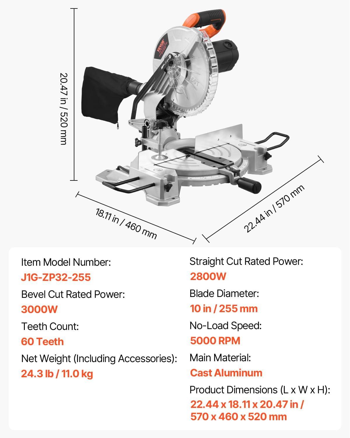 image:imageVEVOR Sliding Compound Miter Saw 12Inch Blade 15 Amp Motor 60Tooth Corded Double Bevel Sliding Miter Saw LED Precision Alignment Angle Adjustable for Wood Composite Decking LaminatesSingle Bevel10