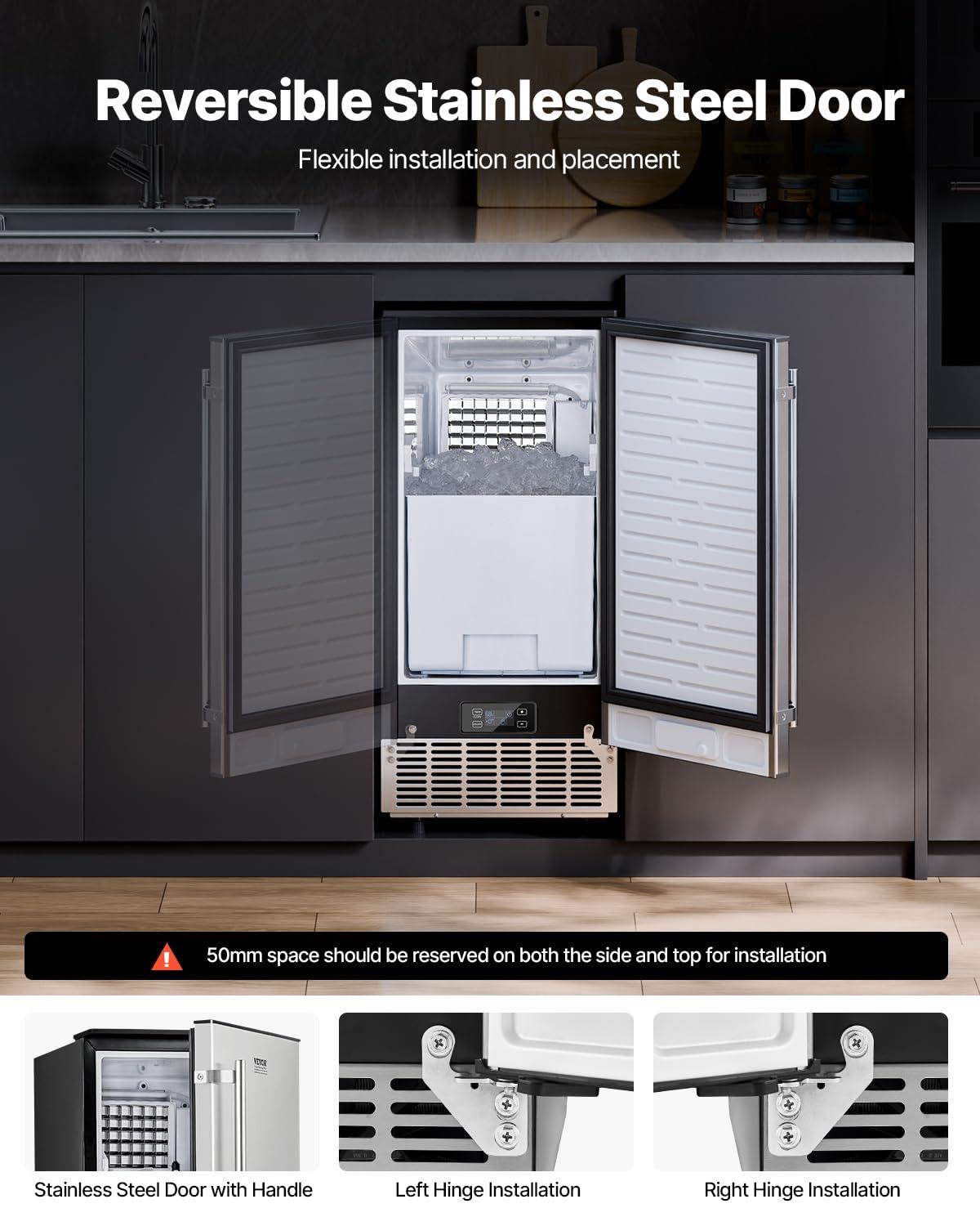 image:imageVEVOR Under Counter Ice Maker Machine Crescent Ice 25 LbsDay Stainless Steel Built in Ice Maker with Reversible Door 22Lbs Storage Ice Maker Machine for Commercial Home Kitchen No Drain RequiredCube Ice
