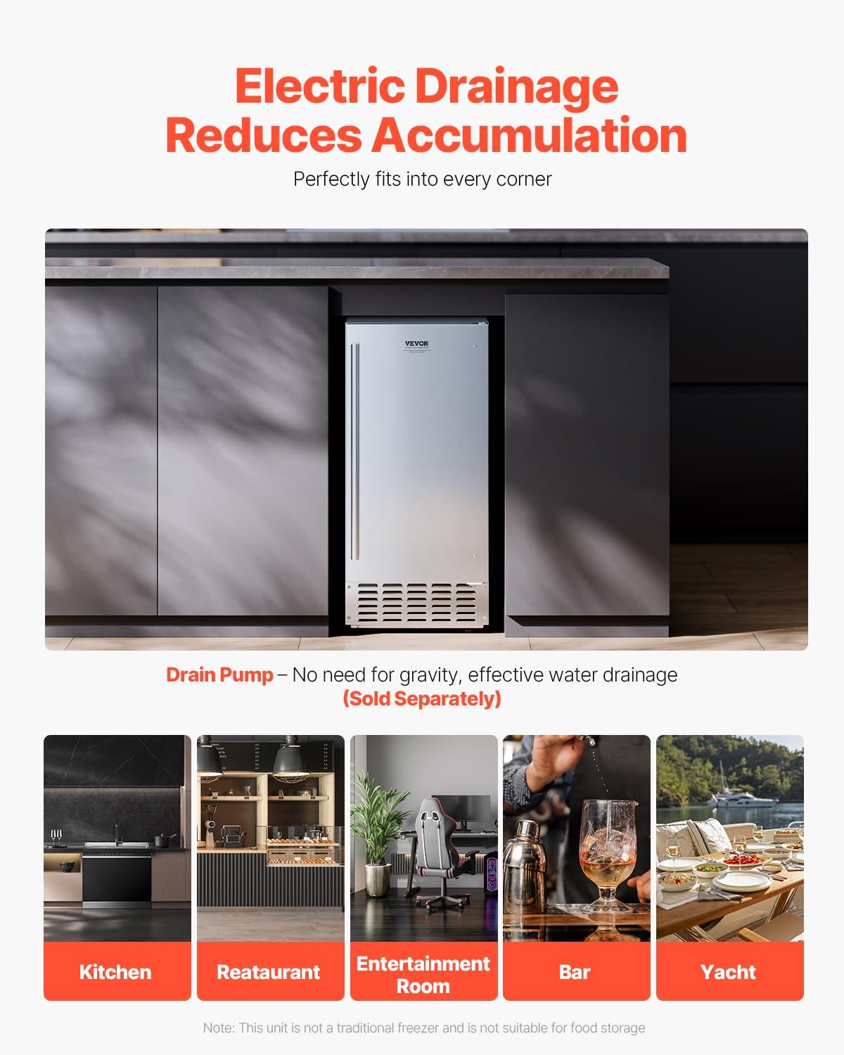 image:imageVEVOR Under Counter Ice Maker Machine Crescent Ice 25 LbsDay Stainless Steel Built in Ice Maker with Reversible Door 22Lbs Storage Ice Maker Machine for Commercial Home Kitchen No Drain RequiredNugget Ice with Drain