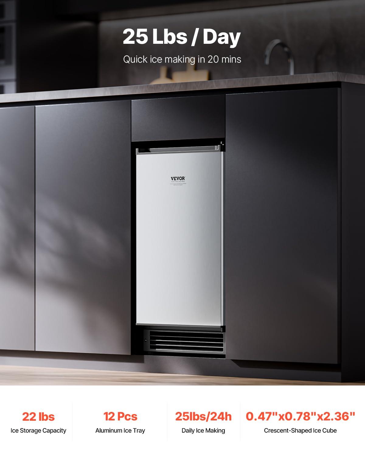 image:imageVEVOR Under Counter Ice Maker Machine Crescent Ice 25 LbsDay Stainless Steel Built in Ice Maker with Reversible Door 22Lbs Storage Ice Maker Machine for Commercial Home Kitchen No Drain RequiredCrescent Ice