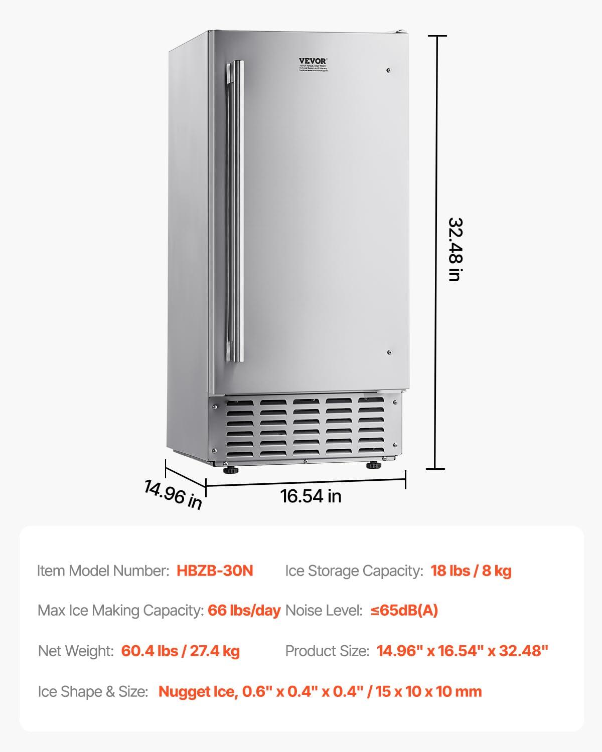 image:imageVEVOR Under Counter Ice Maker Machine Crescent Ice 25 LbsDay Stainless Steel Built in Ice Maker with Reversible Door 22Lbs Storage Ice Maker Machine for Commercial Home Kitchen No Drain RequiredNugget Ice with Drain