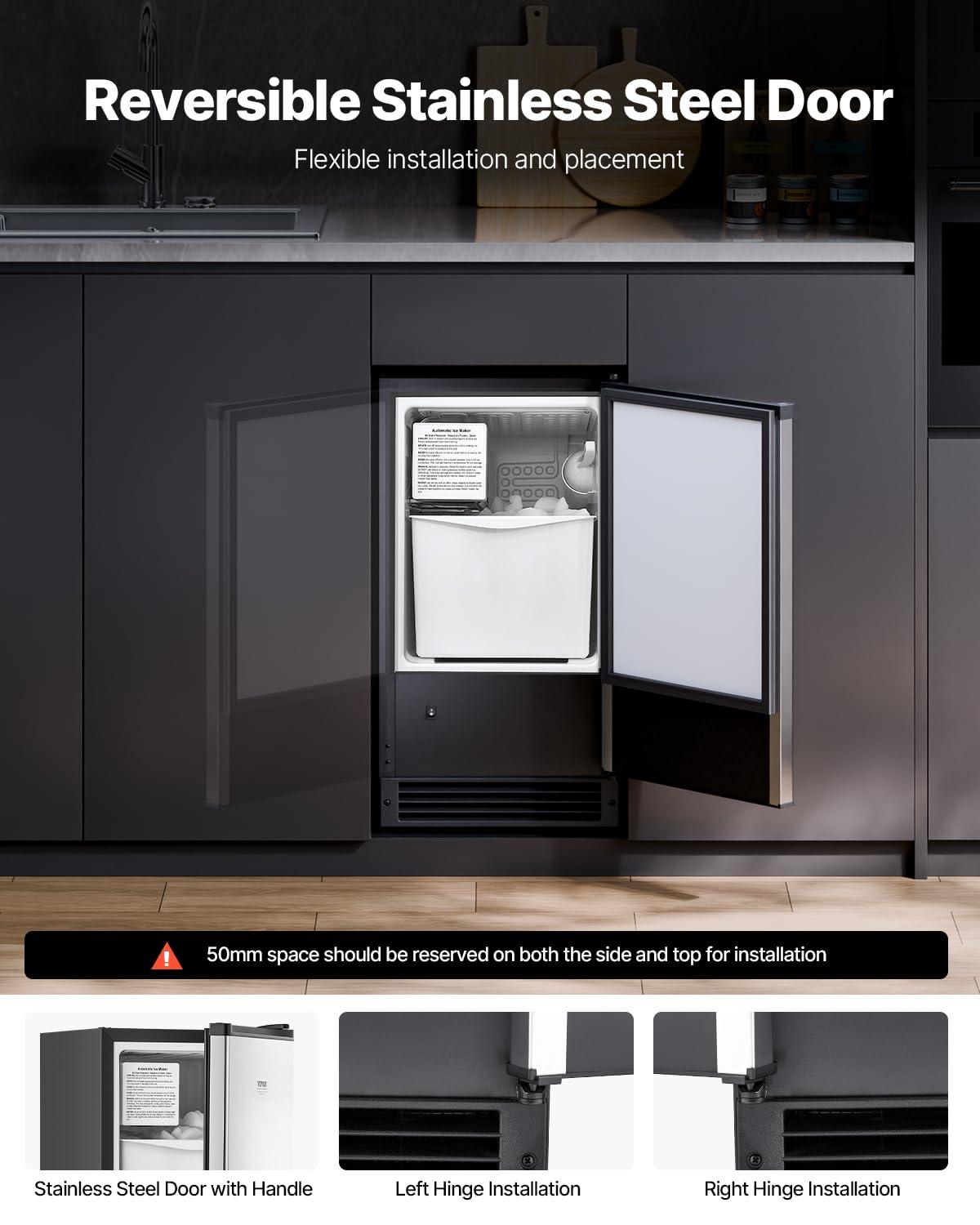 image:imageVEVOR Under Counter Ice Maker Machine Crescent Ice 25 LbsDay Stainless Steel Built in Ice Maker with Reversible Door 22Lbs Storage Ice Maker Machine for Commercial Home Kitchen No Drain RequiredCrescent Ice