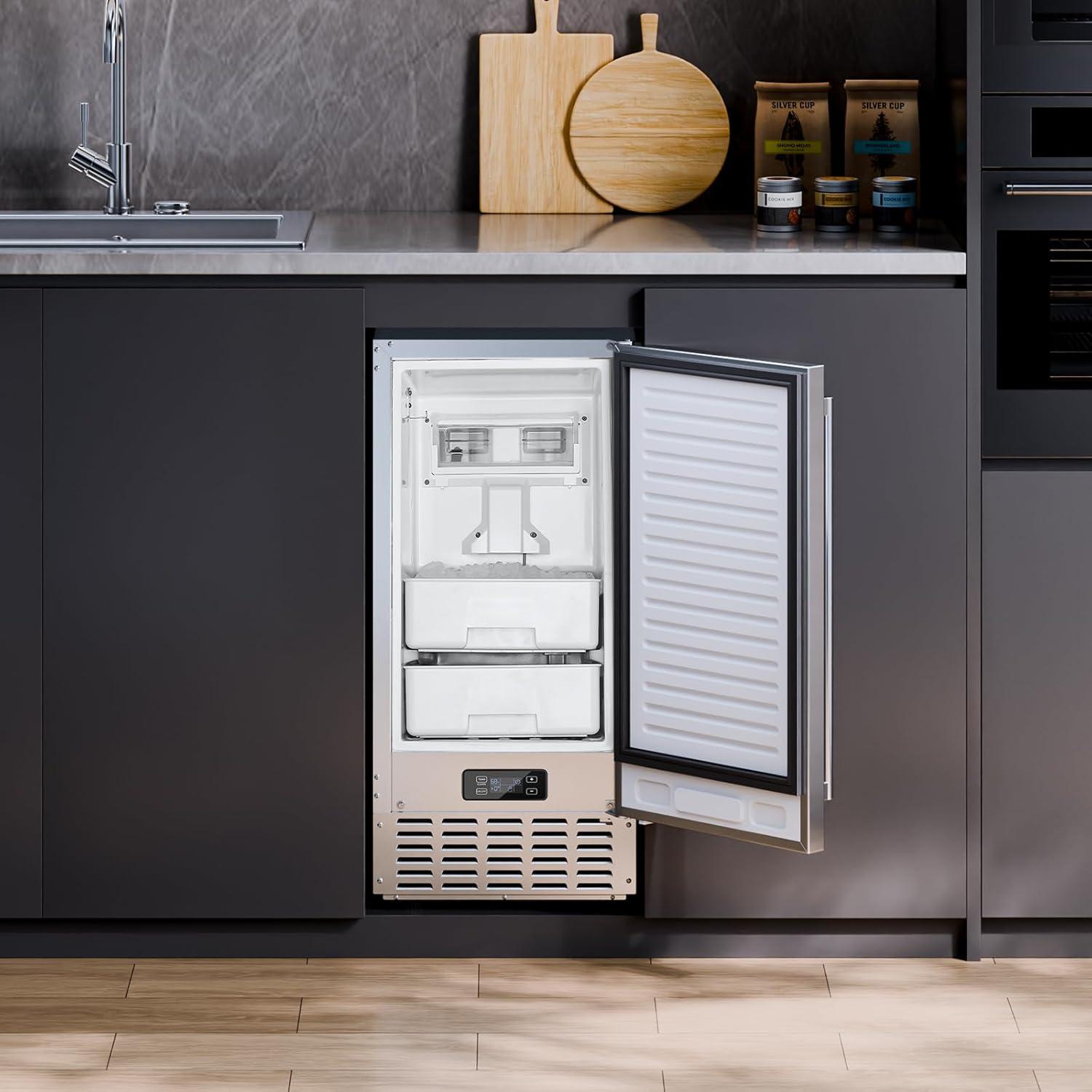image:imageVEVOR Under Counter Ice Maker Machine Crescent Ice 25 LbsDay Stainless Steel Built in Ice Maker with Reversible Door 22Lbs Storage Ice Maker Machine for Commercial Home Kitchen No Drain RequiredNugget Ice with Drain