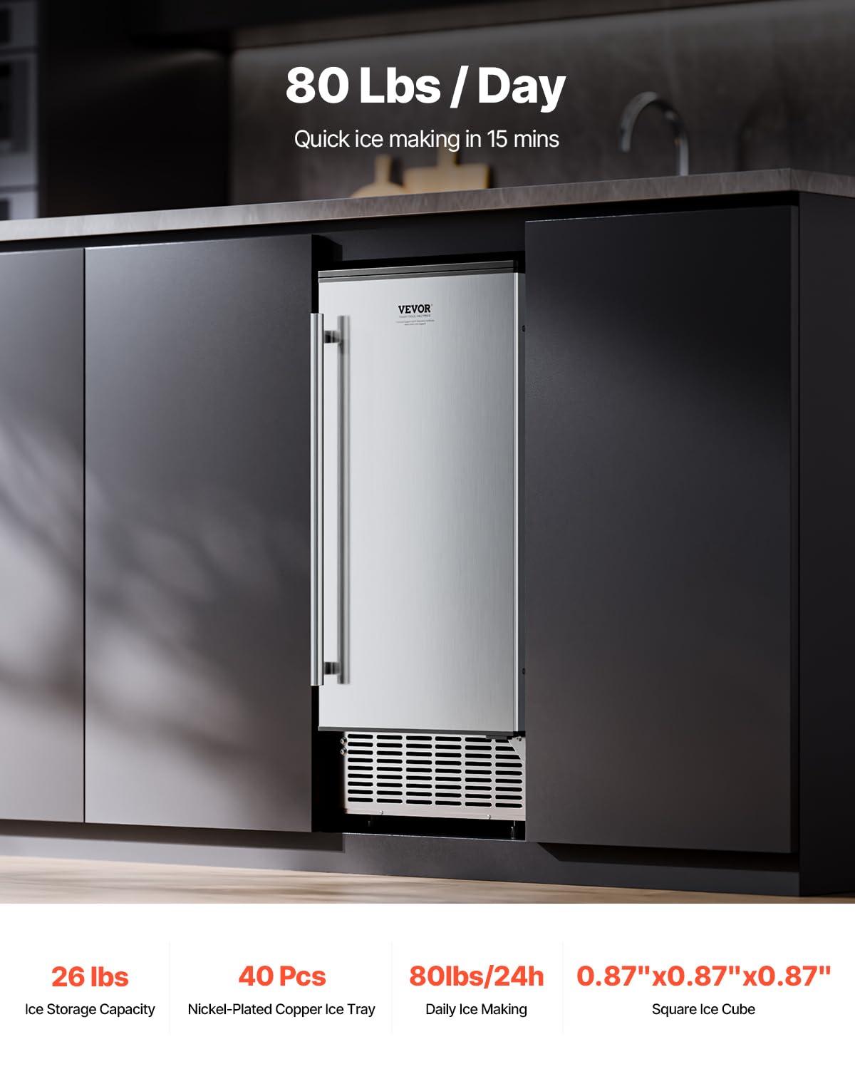 image:imageVEVOR Under Counter Ice Maker Machine Crescent Ice 25 LbsDay Stainless Steel Built in Ice Maker with Reversible Door 22Lbs Storage Ice Maker Machine for Commercial Home Kitchen No Drain RequiredCube Ice