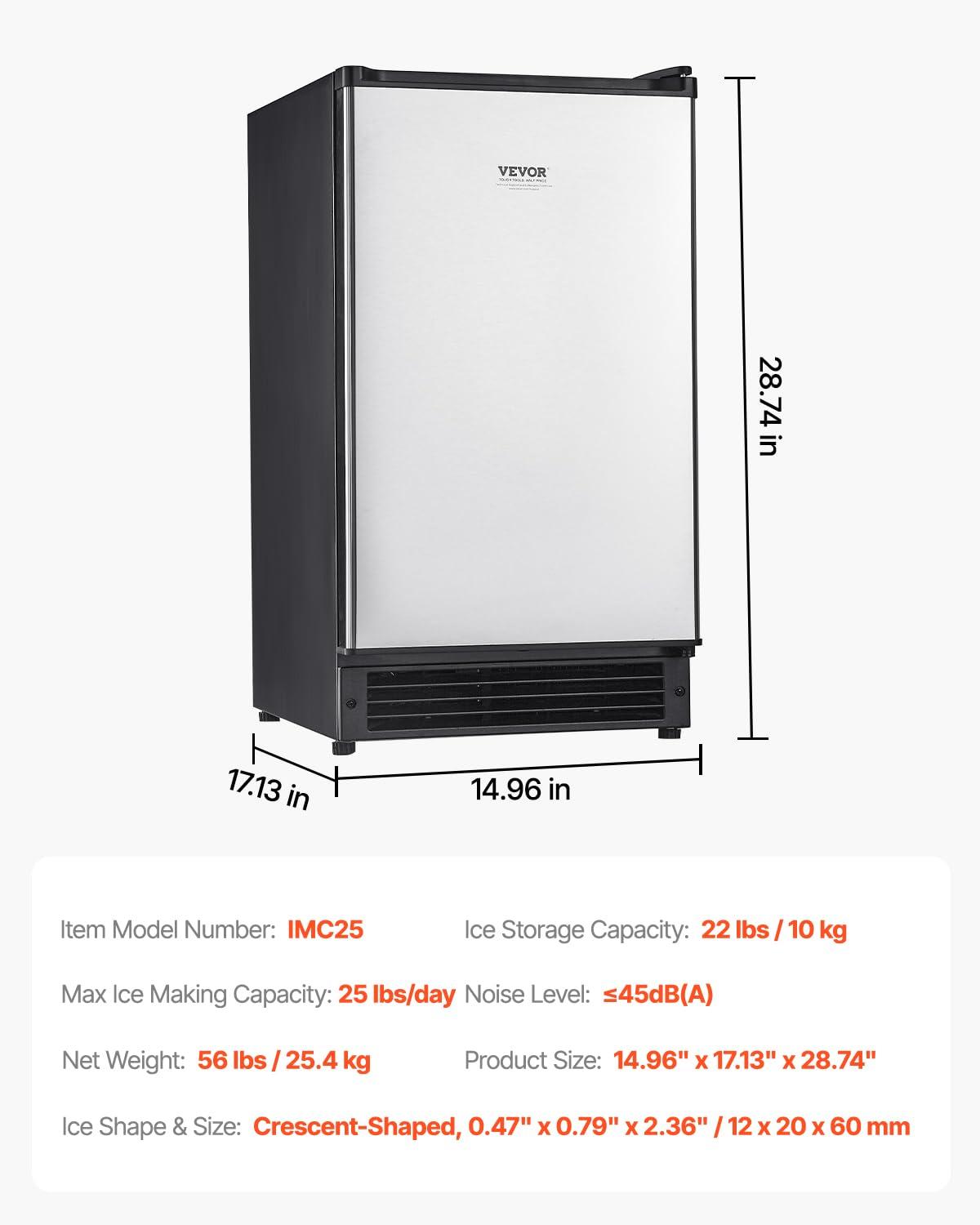 image:imageVEVOR Under Counter Ice Maker Machine Crescent Ice 25 LbsDay Stainless Steel Built in Ice Maker with Reversible Door 22Lbs Storage Ice Maker Machine for Commercial Home Kitchen No Drain RequiredCrescent Ice