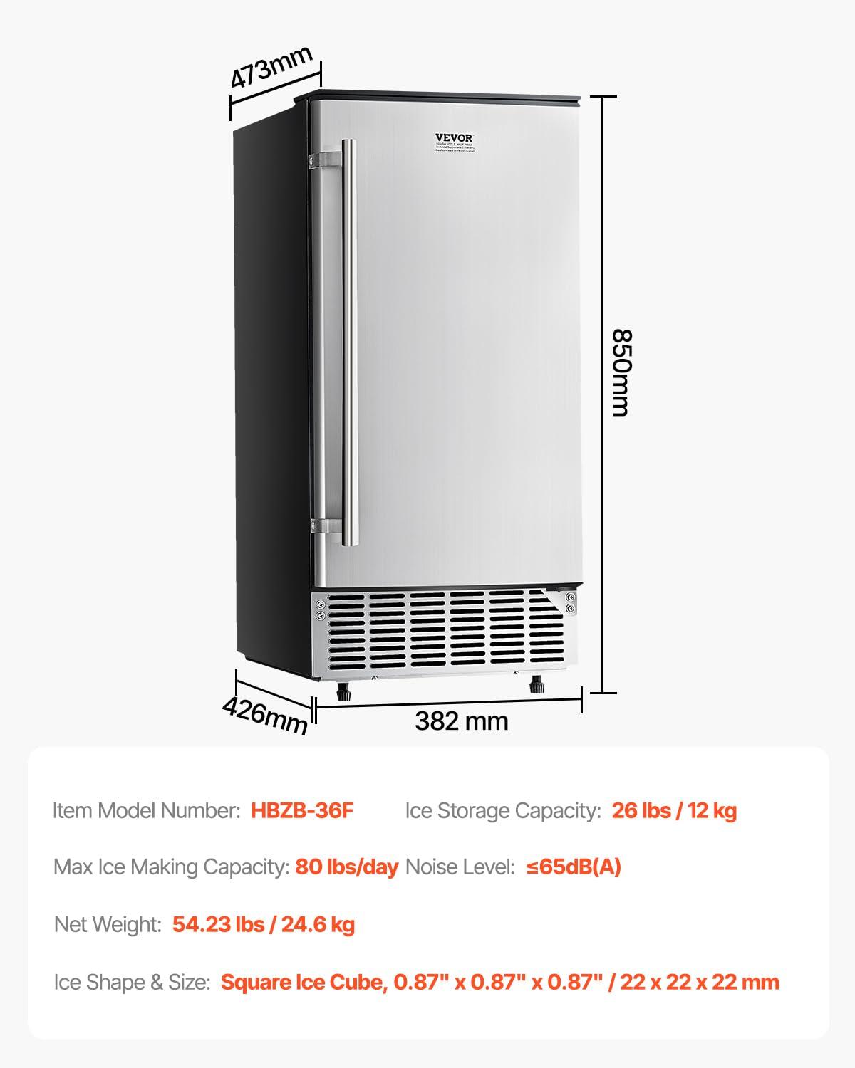 image:imageVEVOR Under Counter Ice Maker Machine Crescent Ice 25 LbsDay Stainless Steel Built in Ice Maker with Reversible Door 22Lbs Storage Ice Maker Machine for Commercial Home Kitchen No Drain RequiredCube Ice with Drain
