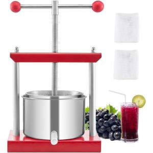 VEVOR 1.6 Gal/6L Fruit Wine Press, 2 Stainless Steel Barrels, Manual Juice Maker, Cider Apple Grape Tincture Honey Olive Oil Making Press with T-Handle for Outdoor Kitchen Home(0.8 Gallon)