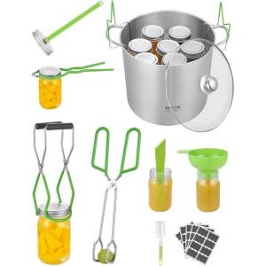 VEVOR Canning Supplies Starter Kit, 9 Pieces Stainless Steel Water Bath Canning Kit for Beginners, Canning Tools Set: Rack, Ladle, Measuring Spoon, Funnel, Tongs, Jar Lifter, Jar Wrench(21QT+8PCS)