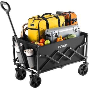 VEVOR Collapsible Folding Wagon with Wheels, Wagons Carts Foldable with 225lbs Capacity, Lightweight Portable Utility Wagon Cart for Grocery Shopping Sports Camping and Garden(Black)