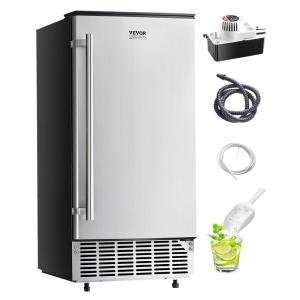 VEVOR Under Counter Ice Maker Machine, Crescent Ice, 25 Lbs/Day Stainless Steel Built in Ice Maker with Reversible Door, 22Lbs Storage Ice Maker Machine for Commercial Home Kitchen, No Drain Required(Cube Ice with Drain)