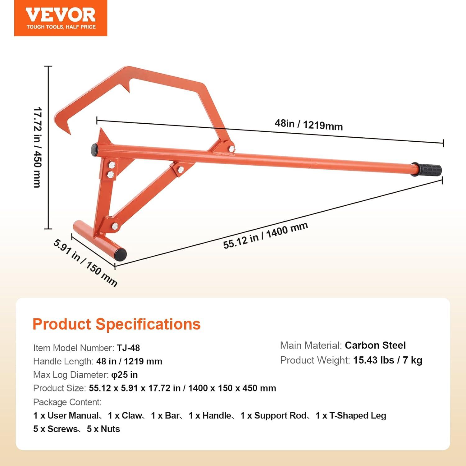 image:imageVEVOR 48 Timberjack Log Lifter Adjustable Heavy Duty Log Roller Cant Hook Log Jack with Rubber Grip Log Cant Hook Logging Tools for Rolling and Raising Up Logs up to 15 DiaSteel Handle 48 for Up to 25 Logs